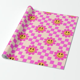 Geruite Roze Lachende Bloemen met vierkanten Cadeaupapier