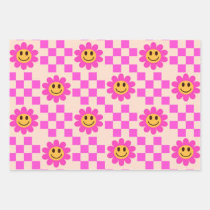 Geruite Roze Lachende Bloemen met vierkanten Inpakpapier Vel