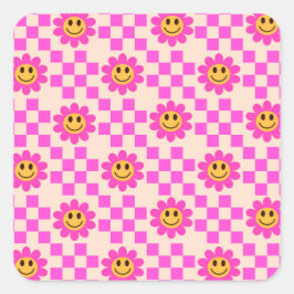 Geruite Roze Lachende Bloemen Patroon Vierkante Sticker