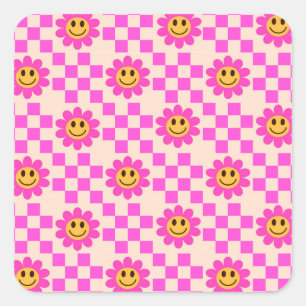 Geruite Roze Lachende Bloemen Patroon  Vierkante Sticker