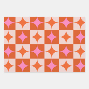 Geruite Roze Oranje Mid Century Starbursts Inpakpapier Vel
