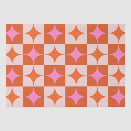 Geruite Roze Oranje Mid Century Starbursts Tissuepapier (Voorkant)