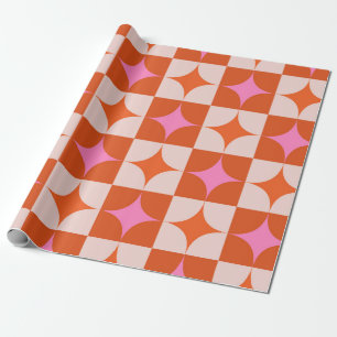 Geruite roze oranje mid century stervlagen cadeaupapier