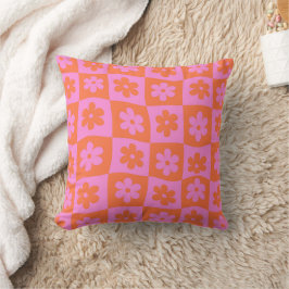 Geruite Roze Oranje Retro Vervormde Bloemen Kussen