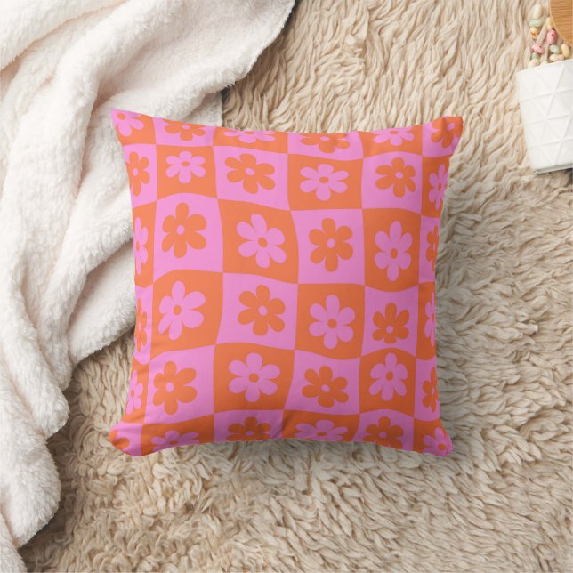 Geruite Roze Oranje Retro Vervormde Bloemen  Kussen (Deken)