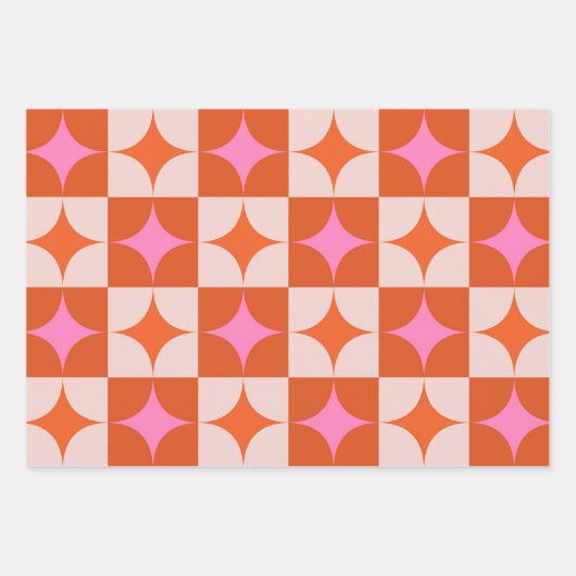 Geruite roze Sinaasappel Midden-eeuwse Starbursts Inpakpapier Vel (Voorkant 3)