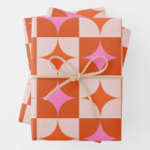 Geruite roze Sinaasappel Midden-eeuwse Starbursts Inpakpapier Vel (In situ)
