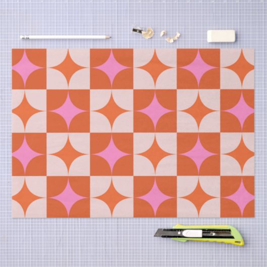 Geruite roze Sinaasappel Midden-eeuwse Starbursts Tissuepapier (Craft)