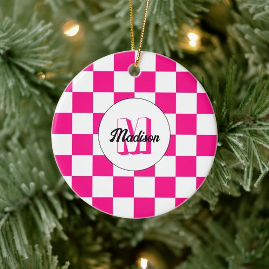 Geruite Roze witte geometrische retro monogram Keramisch Ornament (Boom)