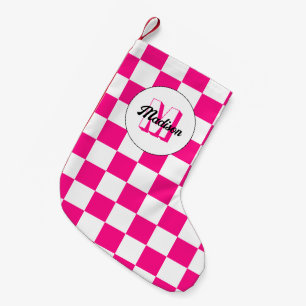 Geruite Roze witte geometrische retro Monogram Kleine Kerstsok