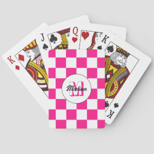 Geruite roze witte geometrische retro monogram pokerkaarten