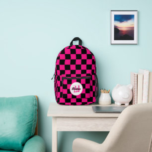 Geruite roze zwarte geometrische retro Monogram Bedrukte Rugzak