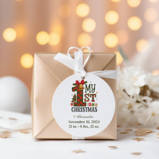 Geruite Rustic Eerste Kerstmis Ronde Sticker