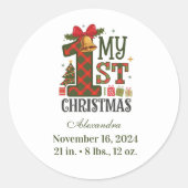 Geruite Rustic Eerste Kerstmis Ronde Sticker (Voorkant)