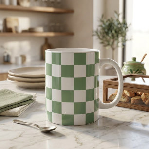 Geruite saliegroen en wit koffiemok