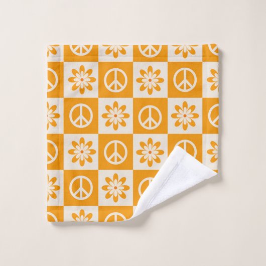 Geruite Sinaasappels Groovy Flowers en Vredesborde Bad Handdoek (Wasdoekje)