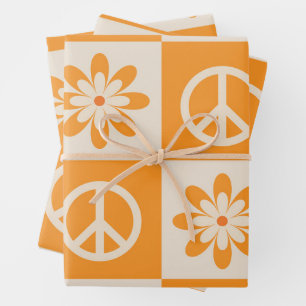 Geruite Sinaasappels Groovy Flowers en Vredesborde Inpakpapier Vel