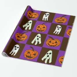 Geruite Spooky Halloween Pumpkins en Ghosts Cadeaupapier