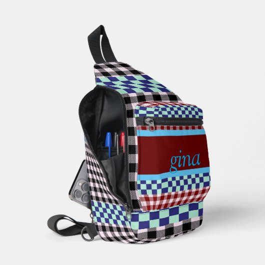 Geruite stof met persoonlijke naam sling bag (Open)