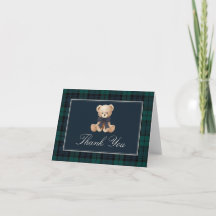 Geruite teddybeer babyshower bedankkaart