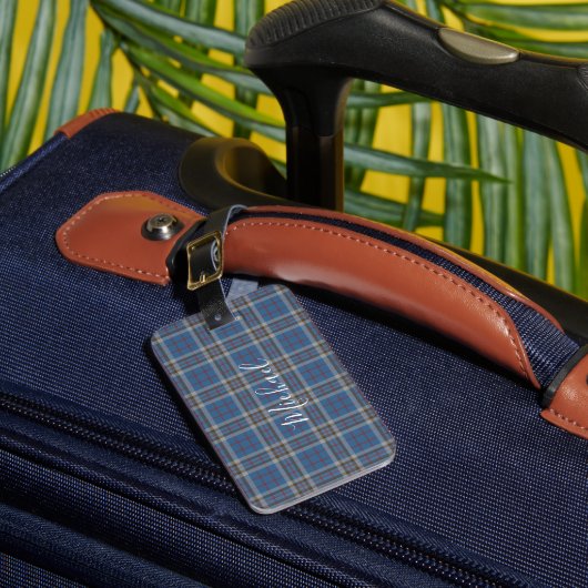 Geruite Thompson Blau Grijs Script Custom Tartan Bagagelabel (Voorkant Insitu 1)