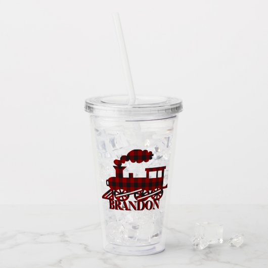 Geruite trein gepersonaliseerd acryl drinkbeker (Voorkant ijs)