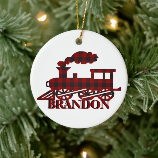 Geruite trein gepersonaliseerd keramisch ornament (Boom)