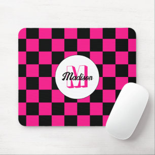 Geruite vakken hete roze zwart retro Monogram Muismat