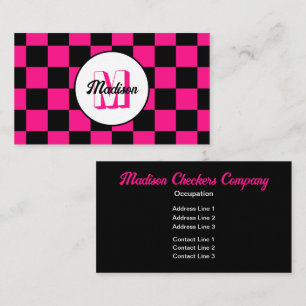 Geruite vakken hete roze zwart retro monogram visitekaartje