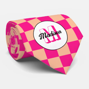 Geruite vakken perzik hete roze retro Monogram Stropdas