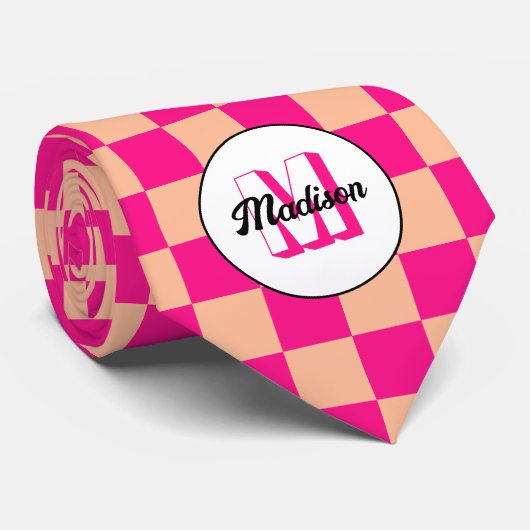 Geruite vakken perzik hete roze retro Monogram Stropdas (Opgerold)