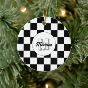 Geruite vakken zwart en wit retro monogram keramisch ornament
