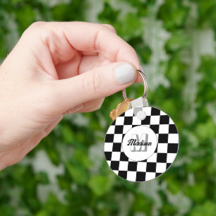 Geruite vakken zwart en wit retro monogram sleutelhanger