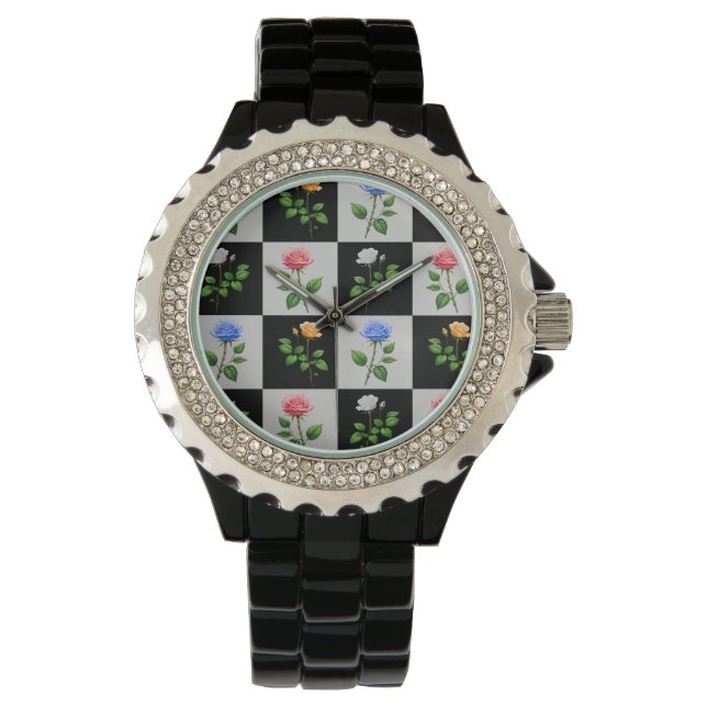 Geruite veelkleurige Rozen bloemontwerp Horloge (Voorkant)