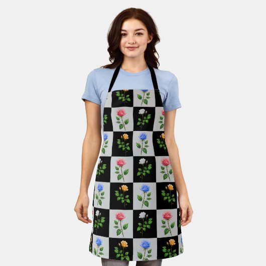 Geruite veelkleurige Rozen bloemontwerp Schort (Gedragen)