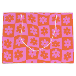 Geruite Vervormde Retro Roze en Oranje Bloemen Groot Cadeauzakje