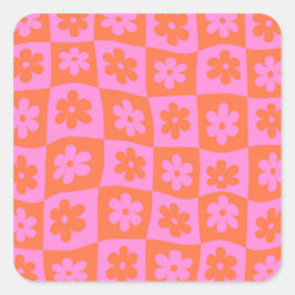 Geruite Vervormde Retro Roze en Oranje Bloemen Vierkante Sticker