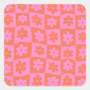 Geruite Vervormde Retro Roze en Oranje Bloemen Vierkante Sticker