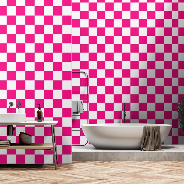 Geruite vierkanten heet roze wit geometrische retr behang (Badkamer)