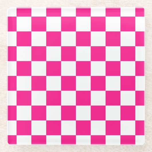 Geruite vierkanten heet roze wit geometrische retr glazen onderzetter (Voorkant)