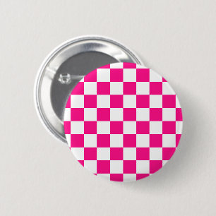 Geruite vierkanten heet roze wit geometrische retr ronde button 5,7 cm