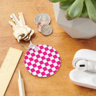 Geruite vierkanten heet roze wit geometrische retr sleutelhanger