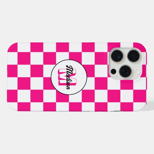 Geruite vierkanten heet roze wit retro Monogram iPhone Hoesje (Achterkant horizontaal)