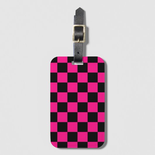 Geruite vierkanten heet roze zwart geometrische re bagagelabel (Voorkant (verticaal))