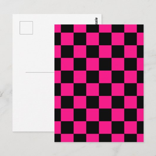 Geruite vierkanten heet roze zwart geometrische re briefkaart (Voorkant / Achterkant)