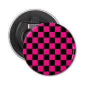 Geruite vierkanten heet roze zwart geometrische re button flesopener (Voorkant)