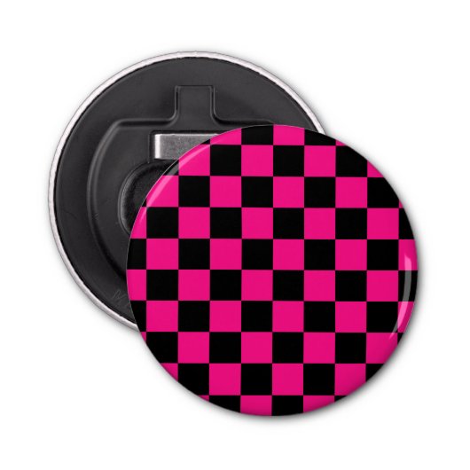 Geruite vierkanten heet roze zwart geometrische re button flesopener (Voorkant)