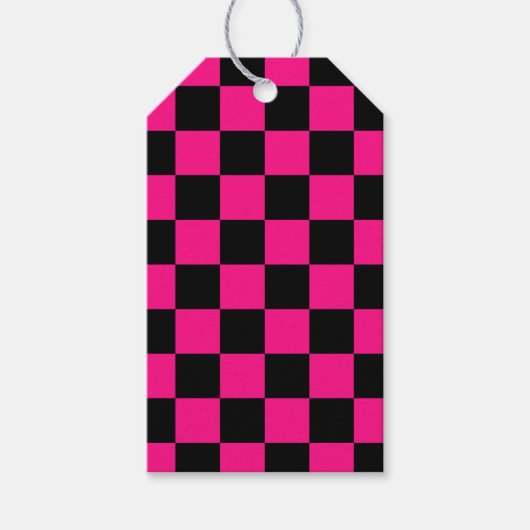 Geruite vierkanten heet roze zwart geometrische re cadeaulabel (Voorkant)