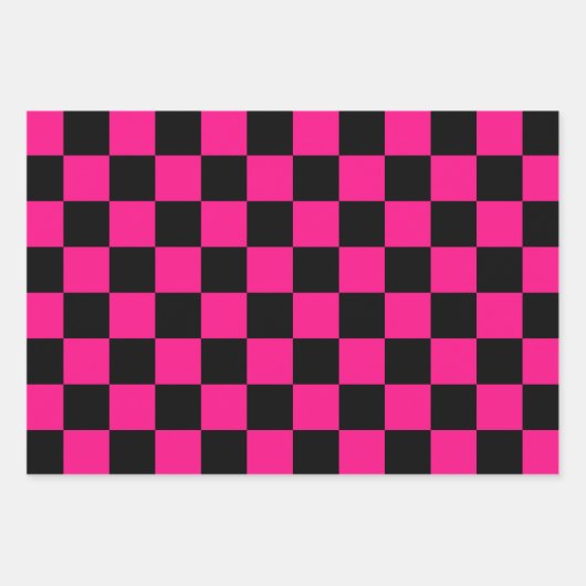 Geruite vierkanten heet roze zwart geometrische re inpakpapier vel (Voorkant)