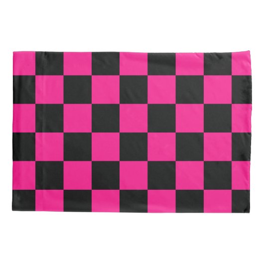 Geruite vierkanten heet roze zwart geometrische re kussensloop (Achterkant-Links)